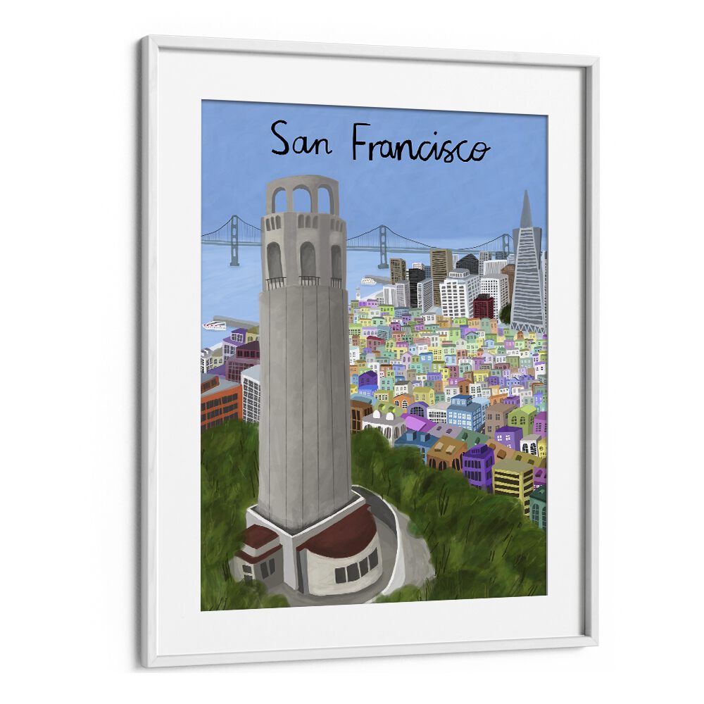 Stylish COIT TOWER travel posters by Carla Daly showcase San Francisco's iconic beauty in vibrant colors.