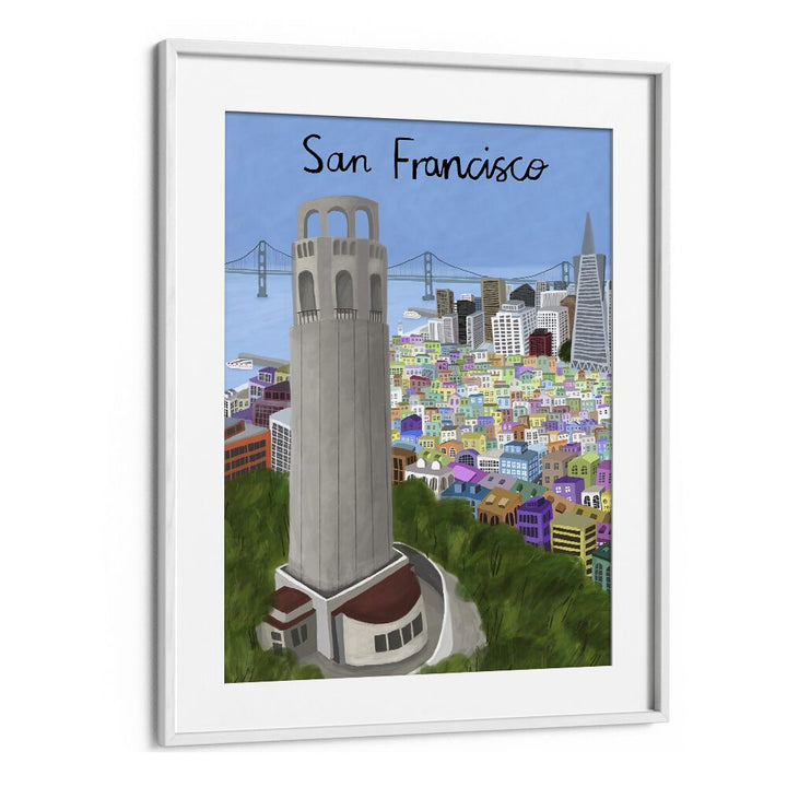 Stylish COIT TOWER travel posters by Carla Daly showcase San Francisco's iconic beauty in vibrant colors.