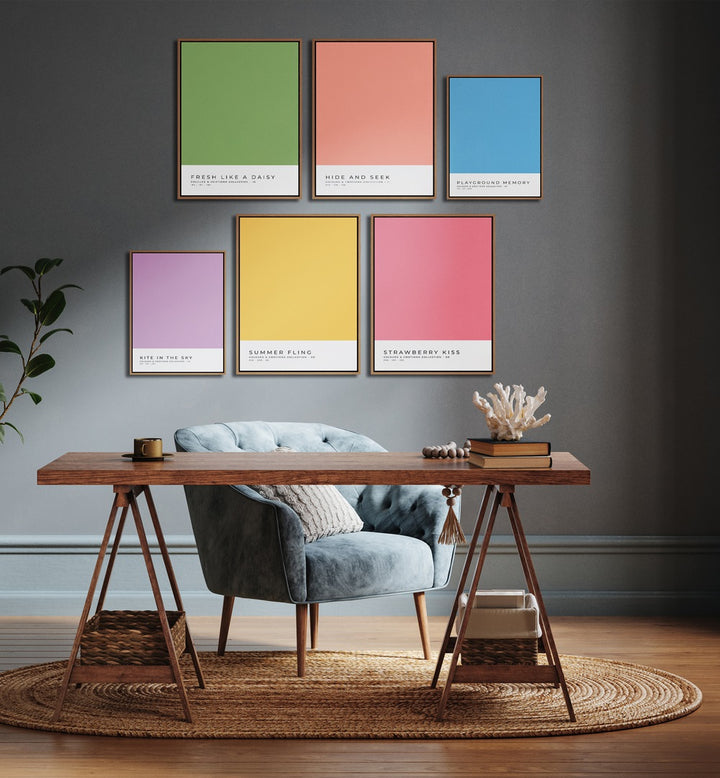 Stylish COLOR PALETTE GALLERY WALL featuring vibrant prints, perfect for creating stunning GALLERY WALLS in your living room.