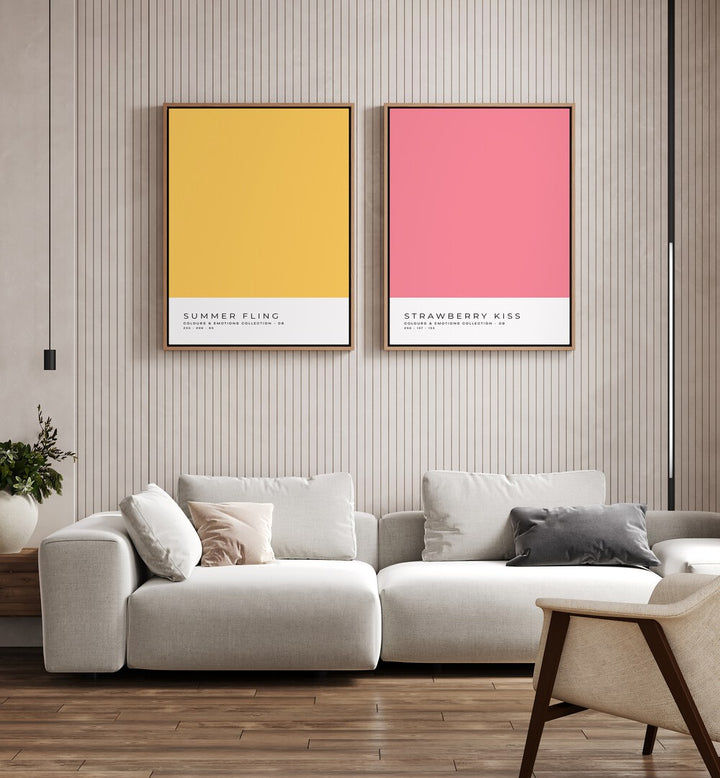 Stylish COLOR PALETTE GALLERY WALL featuring vibrant prints above a sleek white couch, perfect for modern GALLERY WALLS.