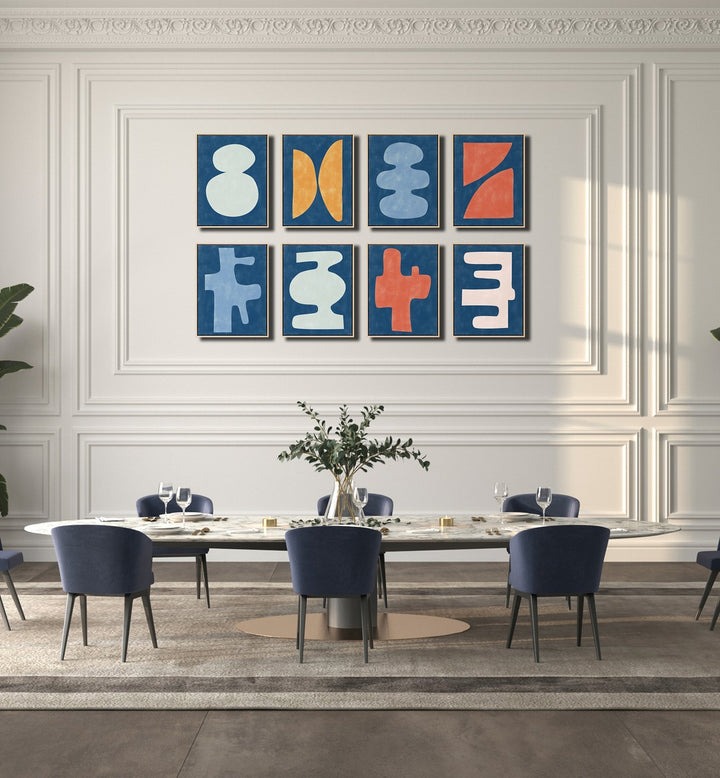 Stylish COLORFUL MODERN ABSTRACT GALLERY WALL featuring vibrant framed prints, perfect for contemporary living room decor.