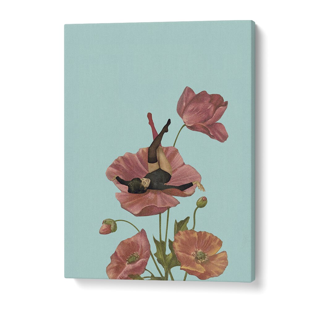 Whimsical depiction from COLOURFUL DREAMER, PORTRAITS showcasing a woman among vibrant flowers by Maarten Leon.