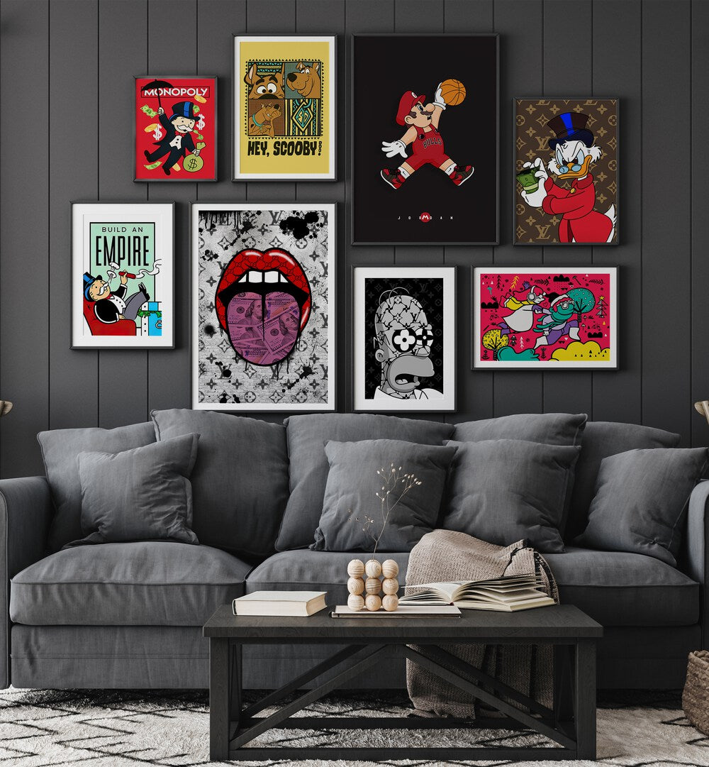 Stylish COMIC GALLERY WALL featuring 8 frames in black, perfect for modern GALLERY WALLS in any living space.