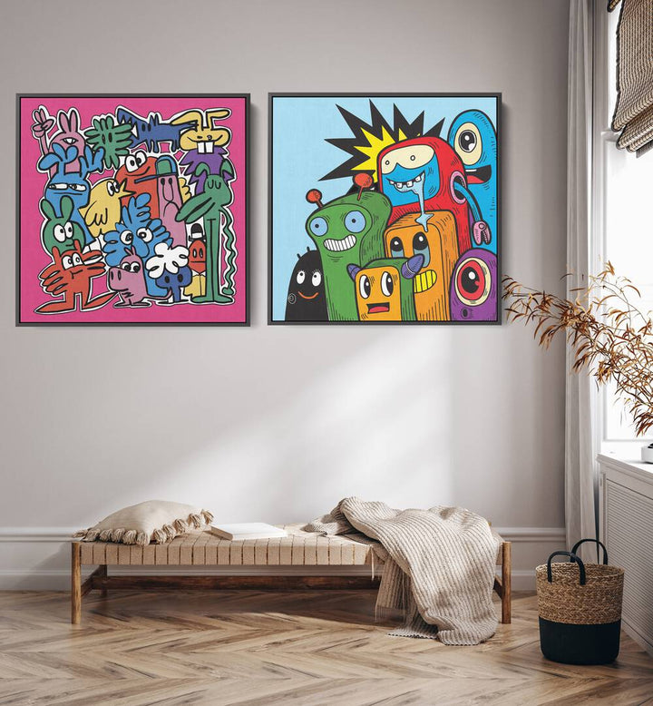 Vibrant COMIC SET, SET OF 2 PAINTINGS featuring playful characters, perfect for adding joy to any space.