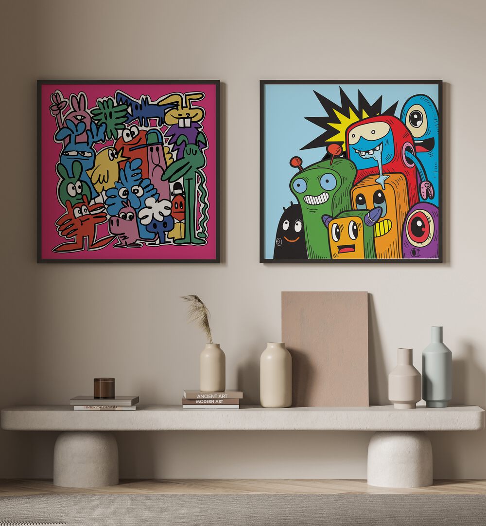 Colorful COMIC SET , SET OF 2 PAINTINGS showcasing vibrant characters, perfect for any art-loving space.
