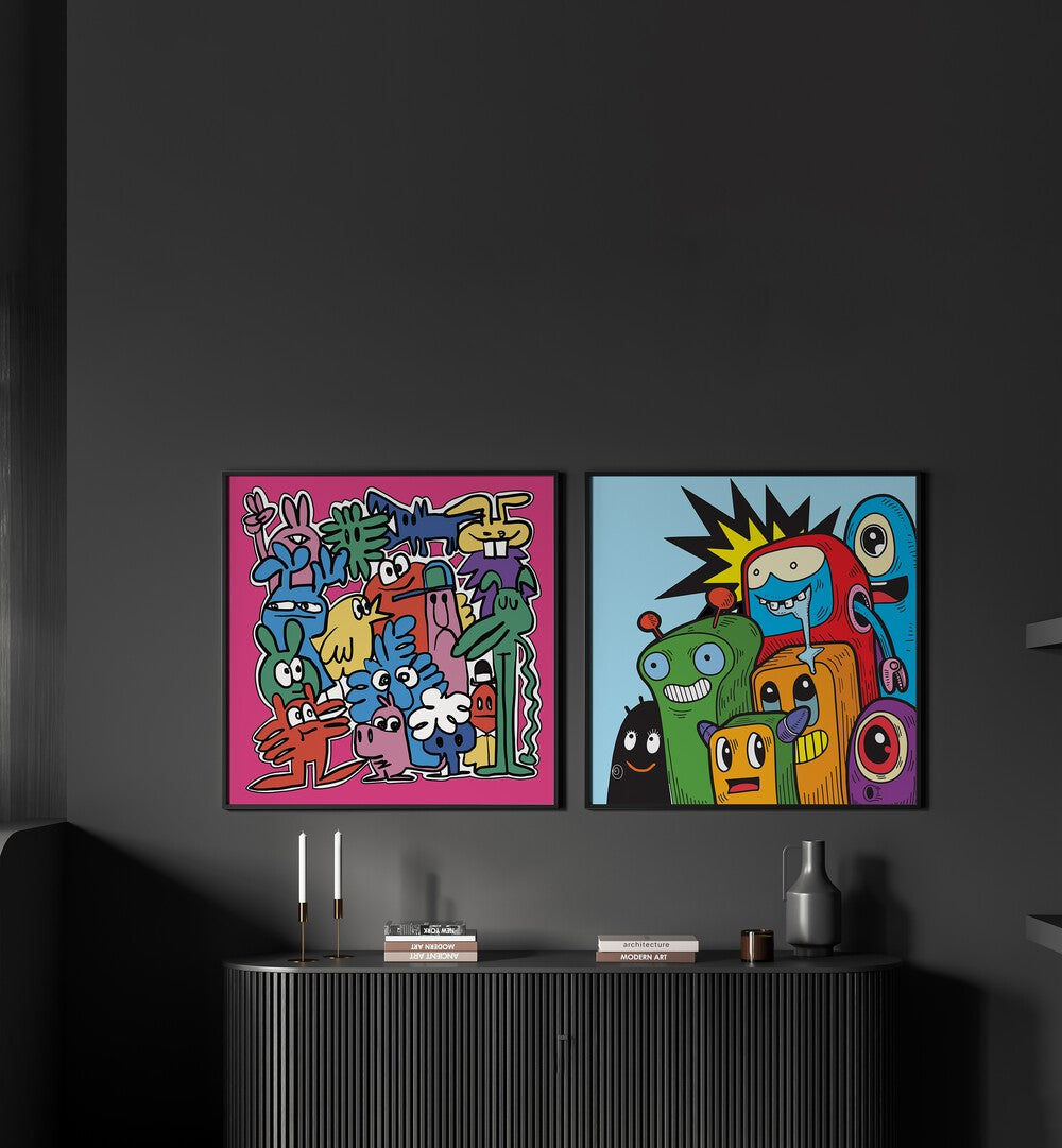 Vibrant COMIC SET, SET OF 2 PAINTINGS, showcasing playful characters, perfect for any art lover's space.