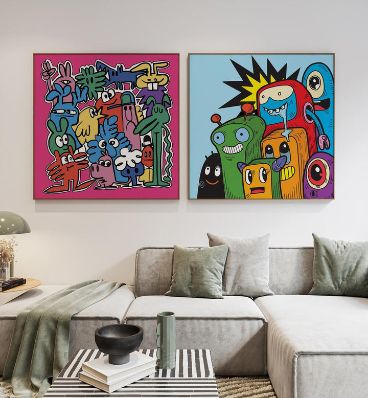 Bright and colorful COMIC SET, SET OF 2 PAINTINGS perfect for adding whimsy to your home decor and storytelling charm.
