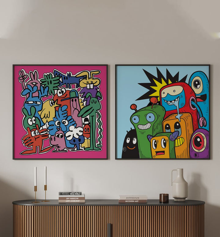 Vibrant COMIC SET, SET OF 2 PAINTINGS showcasing imaginative characters, perfect for comic enthusiasts.