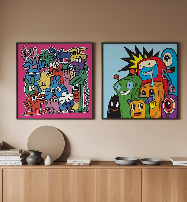 Bright and colorful, the COMIC SET, SET OF 2 PAINTINGS adds playful charm to any space, perfect for art lovers.