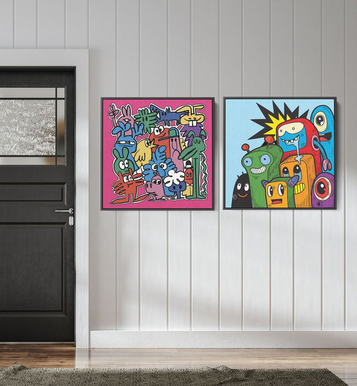 Bright and colorful COMIC SET, SET OF 2 PAINTINGS showcasing whimsical characters for vibrant home decor.