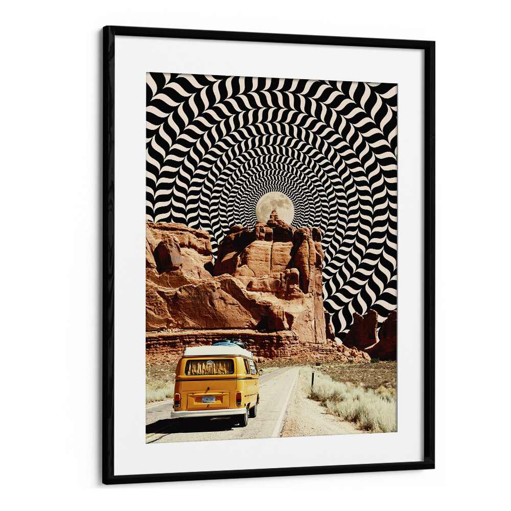 "COMMUTE THE REAL, SURREAL ART PRINTS by Taudalpoi, vibrant artwork featuring a yellow van and hypnotic landscape."