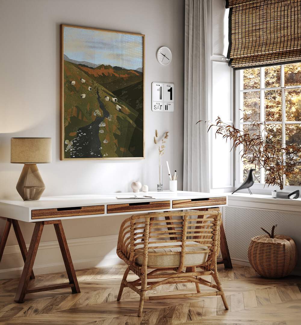 Stylish home office featuring CONNEMARA NATIONAL PARK, LANDSCAPE PAINTINGS art piece above a modern desk.
