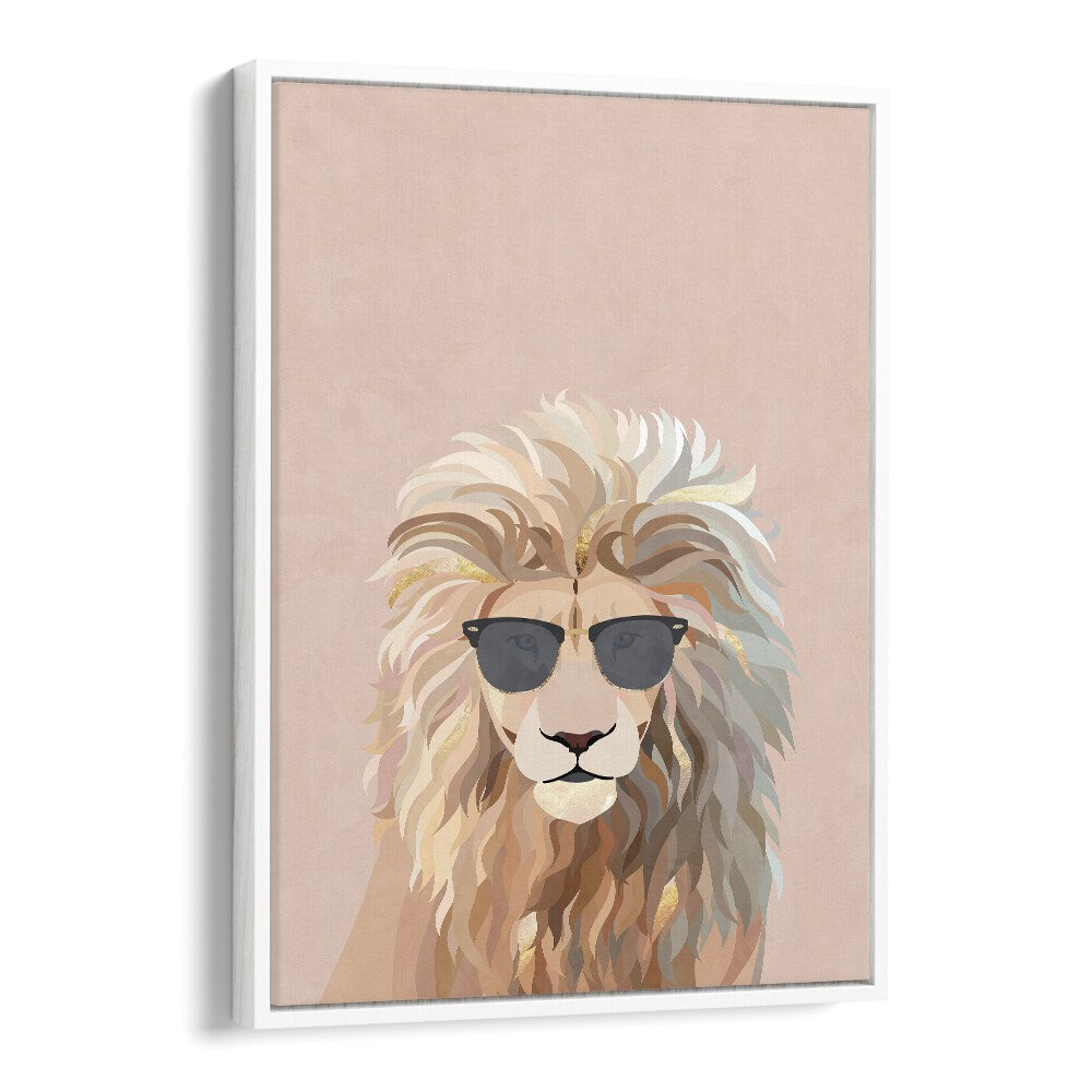 Cool Cat Lion, Animal Paintings by Sarah Manovski showcases a charming lion with sunglasses in a stylish frame.