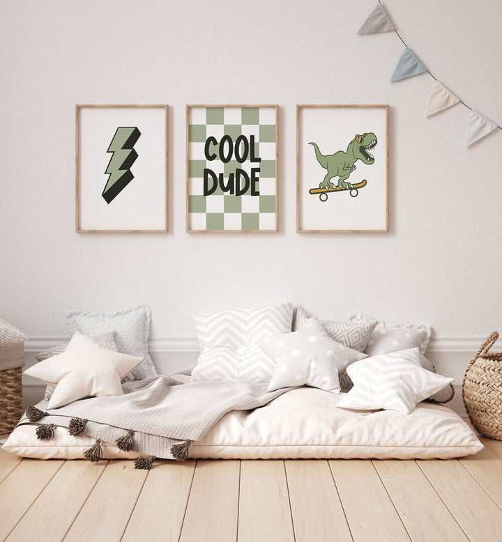 Transform your space with the COOL DUDE, SET OF 3 PAINTINGS featuring vibrant designs and a skateboard-riding T-Rex.
