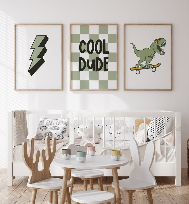 Brighten your space with the COOL DUDE, SET OF 3 PAINTINGS featuring a skateboard T. Rex and playful designs.