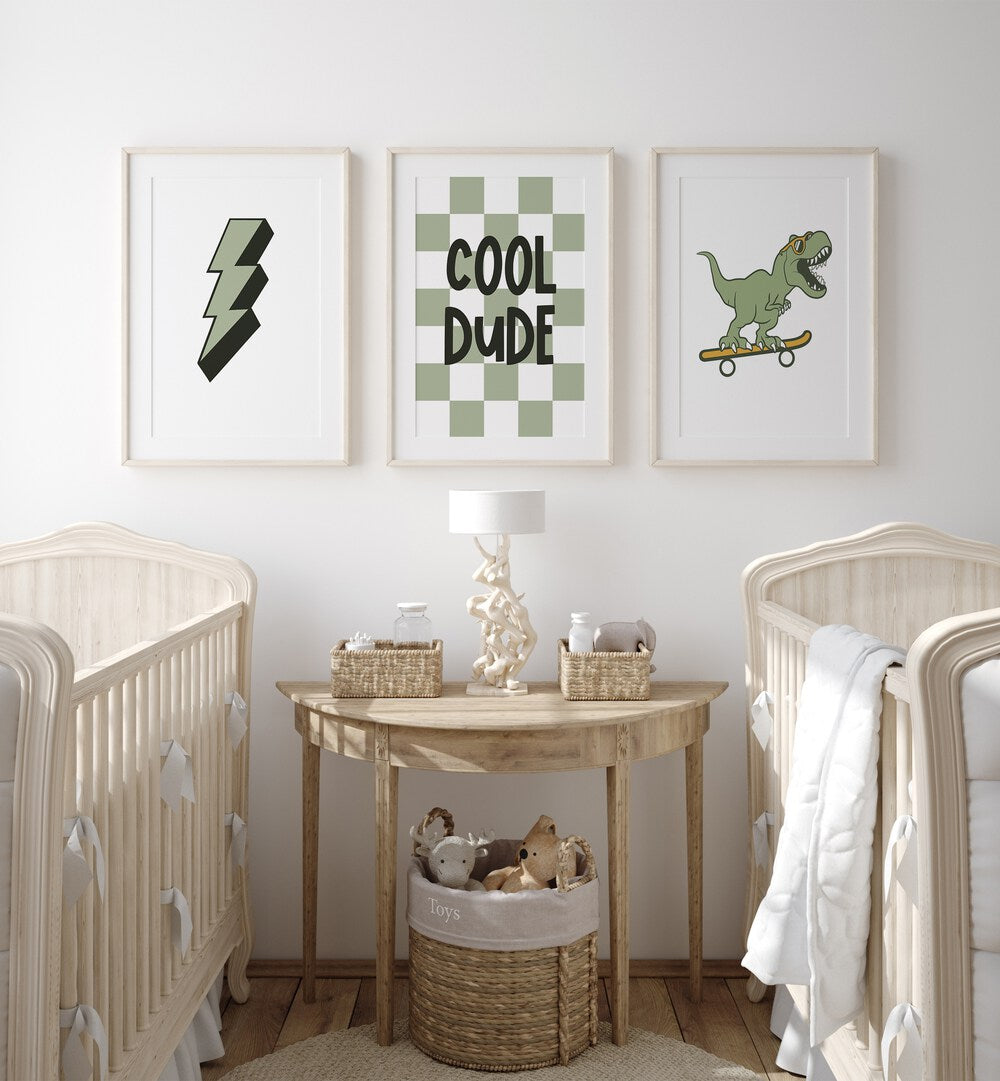 Brighten your space with the COOL DUDE, SET OF 3 PAINTINGS featuring a skateboard T-Rex and playful designs.