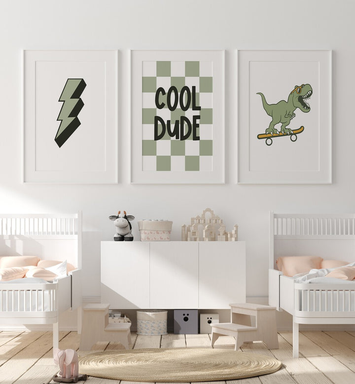 Brighten your space with the COOL DUDE, SET OF 3 PAINTINGS, featuring fun designs including a skateboard T-Rex.