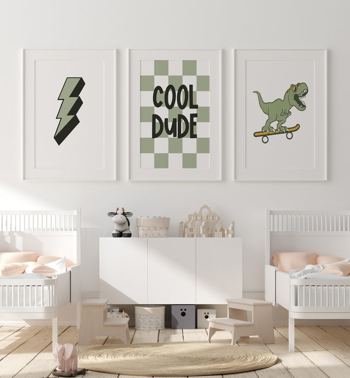 Vibrant COOL DUDE, SET OF 3 PAINTINGS featuring a skateboard T-Rex, perfect for adding flair to any space.