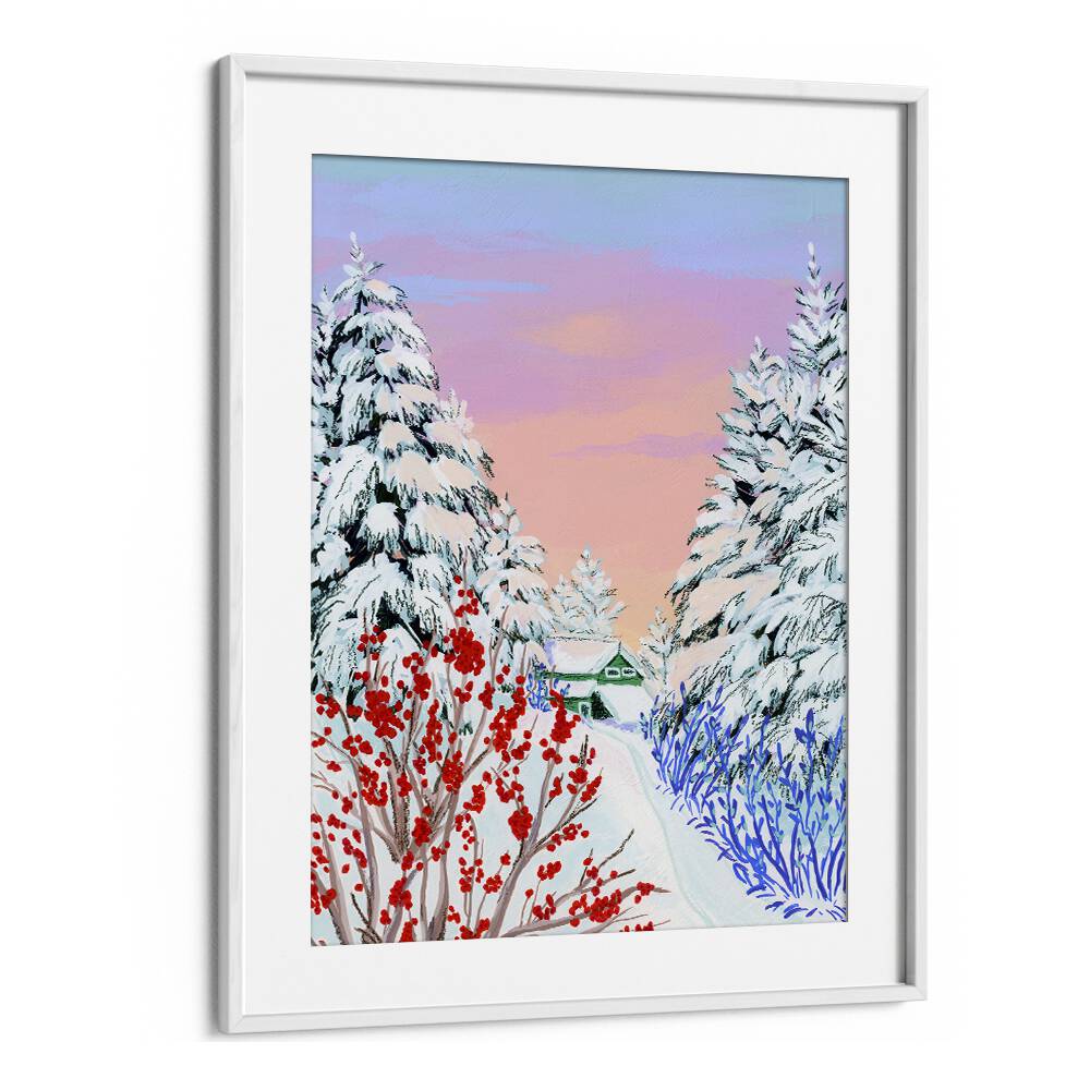 Copper Creek, landscape paintings by Sarah Gesek, features a snowy scene with vibrant trees and a cozy cabin.