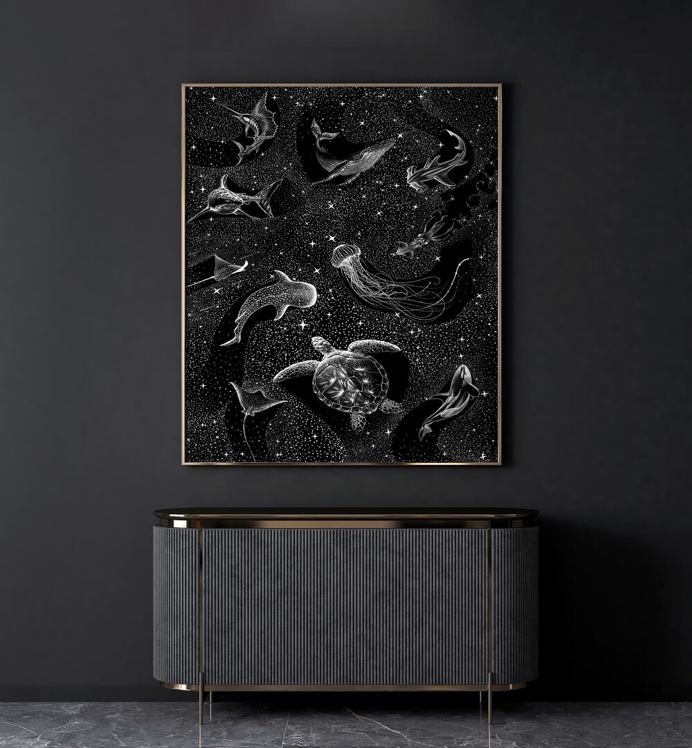 Explore the COSMIC OCEAN, SURREAL ART PRINTS, featuring enchanting marine life in a stunning black version by Aliriza Çakir.
