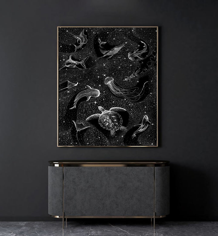 Explore the COSMIC OCEAN, SURREAL ART PRINTS, featuring enchanting marine life in a stunning black version by Aliriza Çakir.