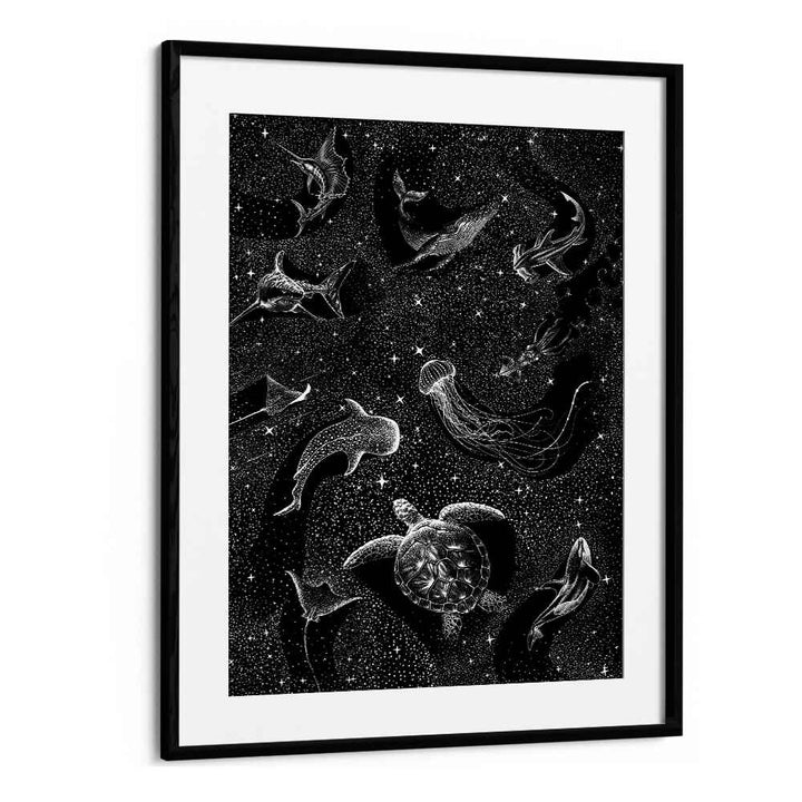 COSMIC OCEAN, SURREAL ART PRINTS featuring enchanting black marine life by Aliriza Çakir in a stunning black frame.