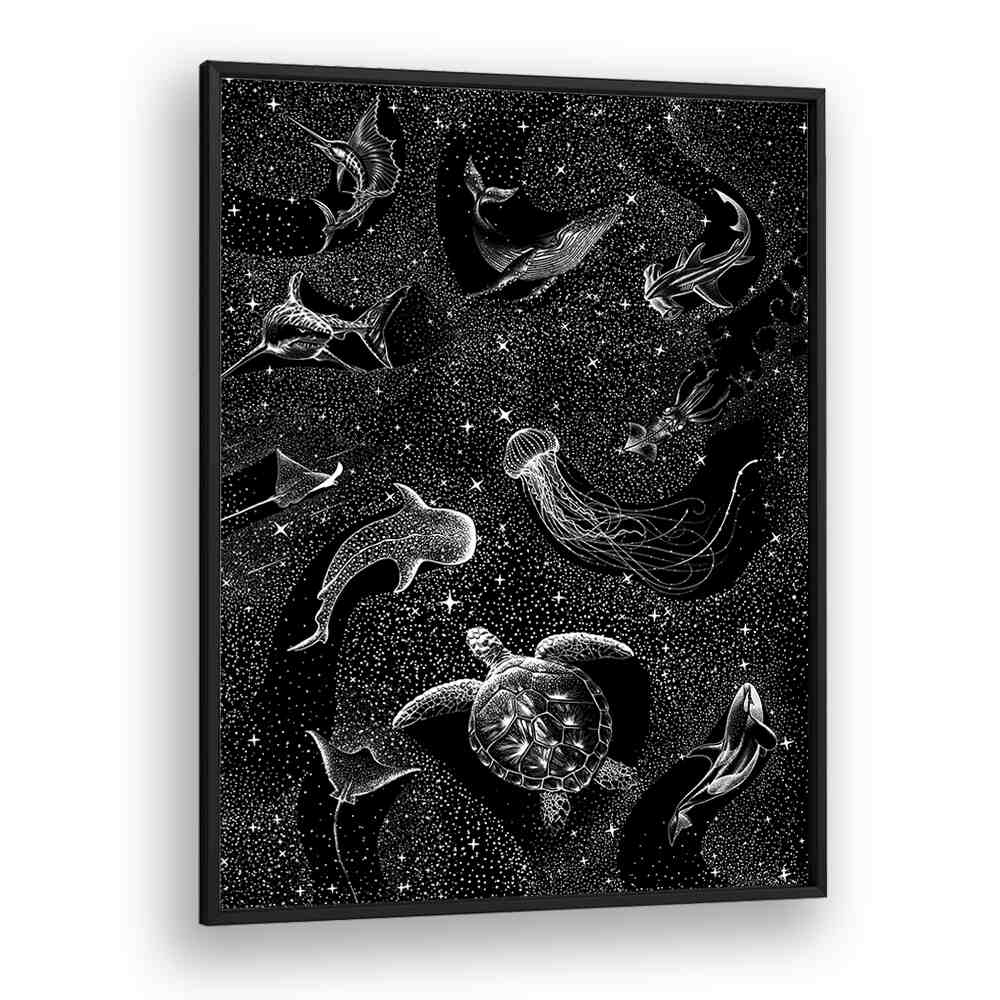 COSMIC OCEAN, SURREAL ART PRINTS featuring marine life in a starry black background by Aliriza Çakir. Perfect for art lovers.