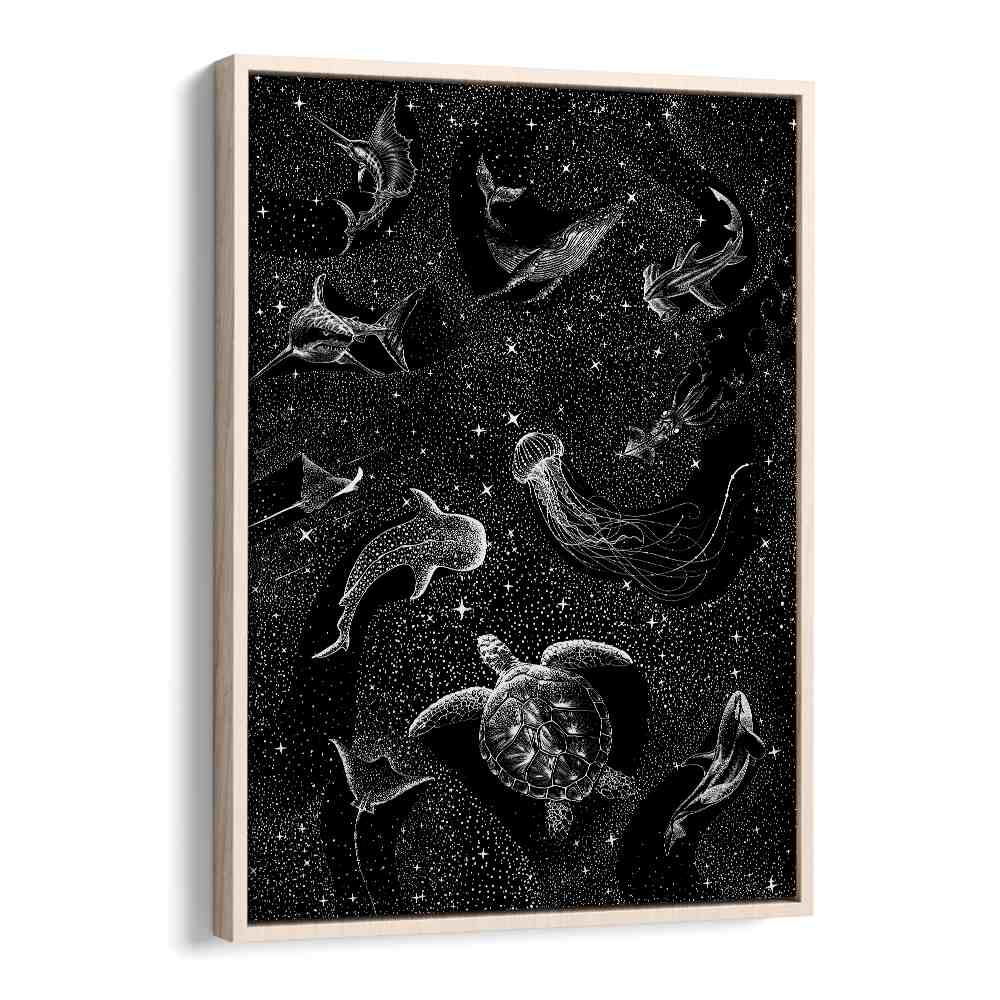 Surreal art print "COSMIC OCEAN" features marine life in a starry black backdrop by Aliriza Çakir. Perfect for art lovers.