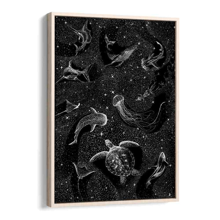 Surreal art print "COSMIC OCEAN" features marine life in a starry black backdrop by Aliriza Çakir. Perfect for art lovers.