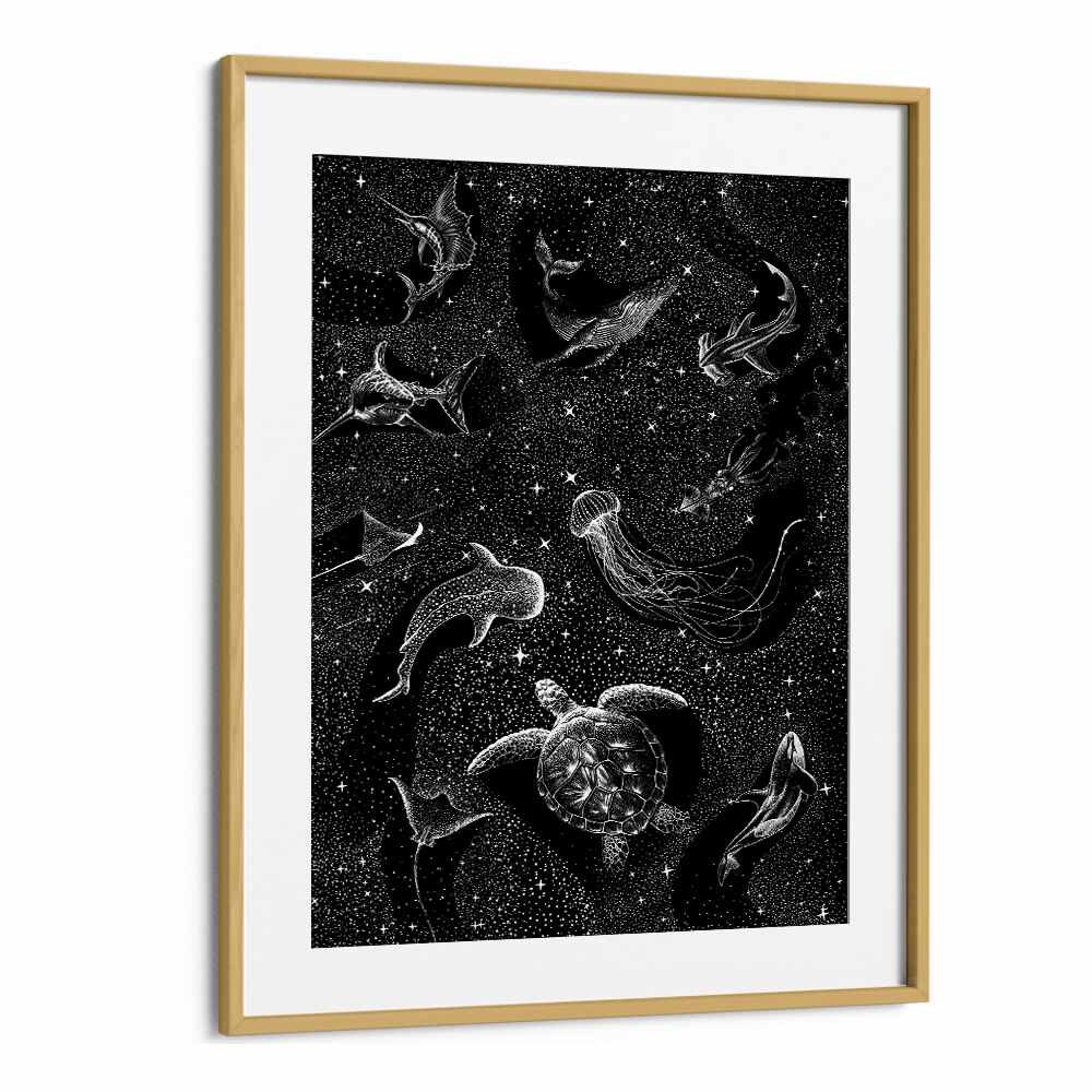 Surreal art print "COSMIC OCEAN" features enchanting black sea life by Aliriza Çakir, perfect for your decor.