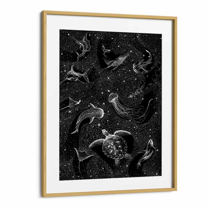 Surreal art print "COSMIC OCEAN" features enchanting black sea life by Aliriza Çakir, perfect for your decor.
