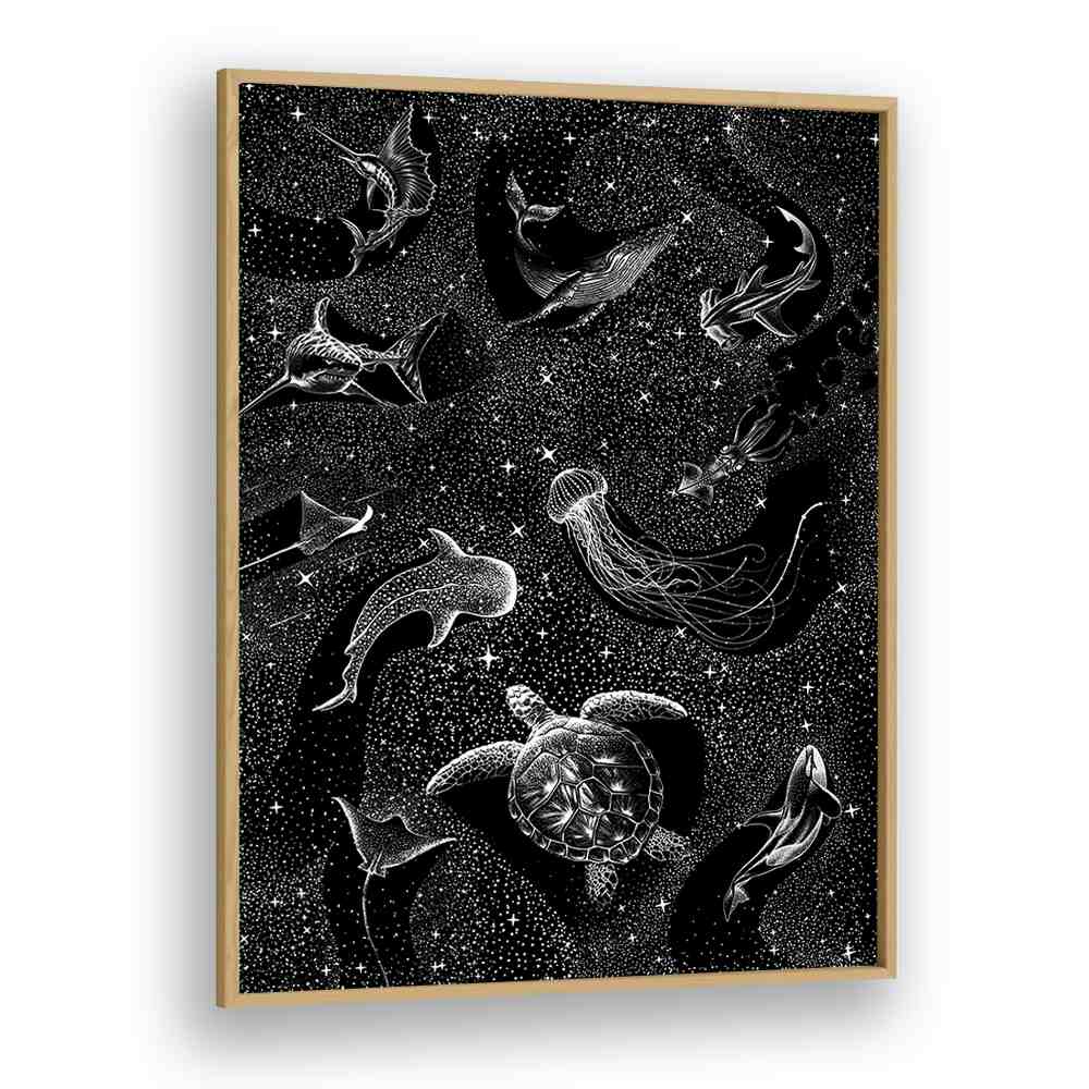 Explore the COSMIC OCEAN, SURREAL ART PRINTS featuring enchanting marine life in a stunning black design.