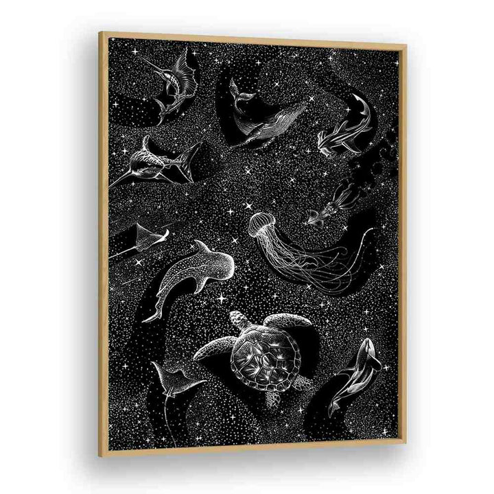 Explore the COSMIC OCEAN, SURREAL ART PRINTS featuring enchanting marine life in a stunning black design.