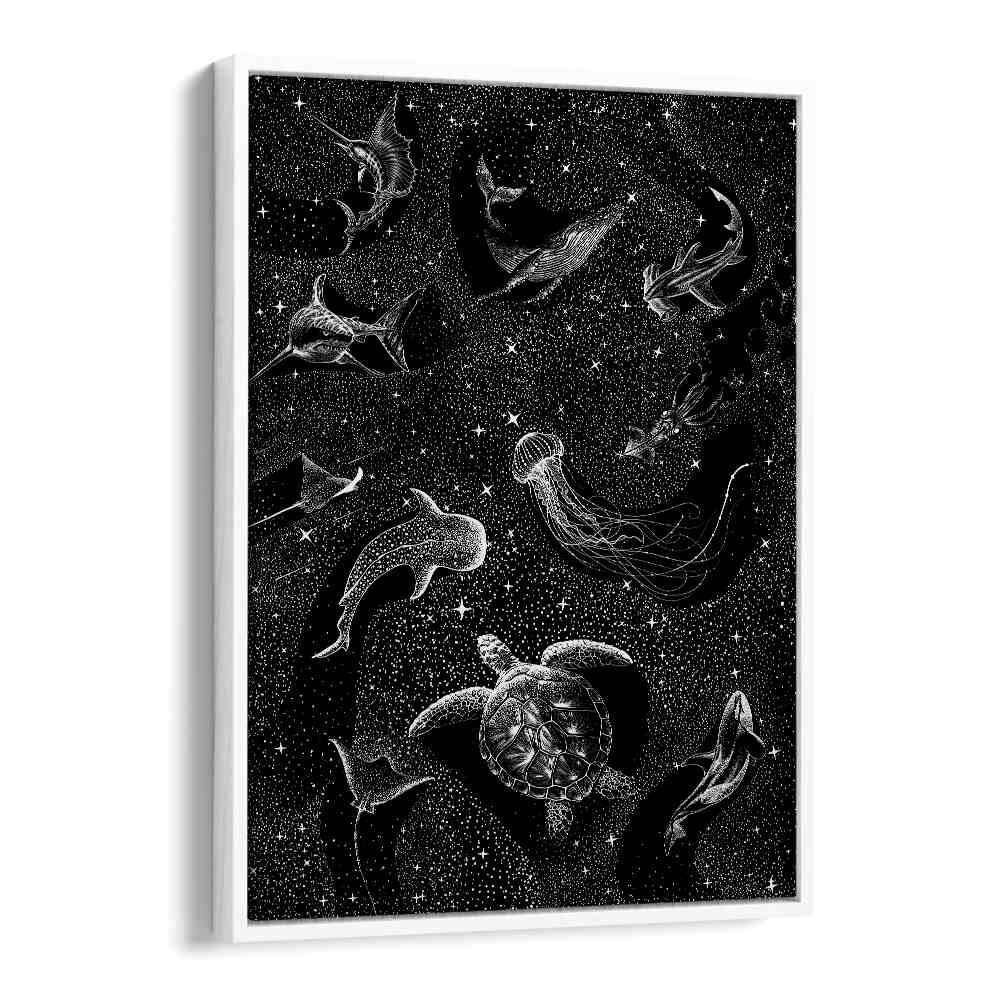 Surreal art print "COSMIC OCEAN" by Aliriza Çakir features marine life in a cosmic setting, blending reality and imagination.