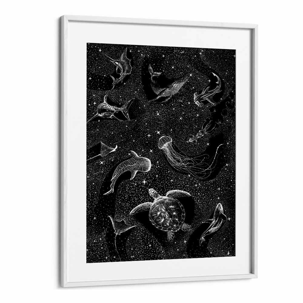 Surreal art prints of the COSMIC OCEAN (BLACK VERSION) II, featuring marine life in a starry atmosphere.