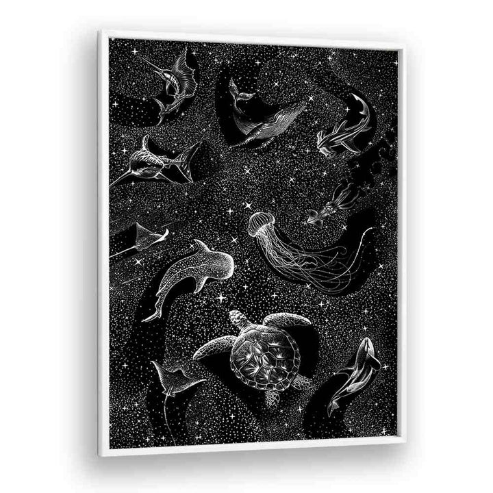 Surreal art prints featuring the COSMIC OCEAN, showcasing marine life in a mystical black cosmos by Aliriza Çakir.