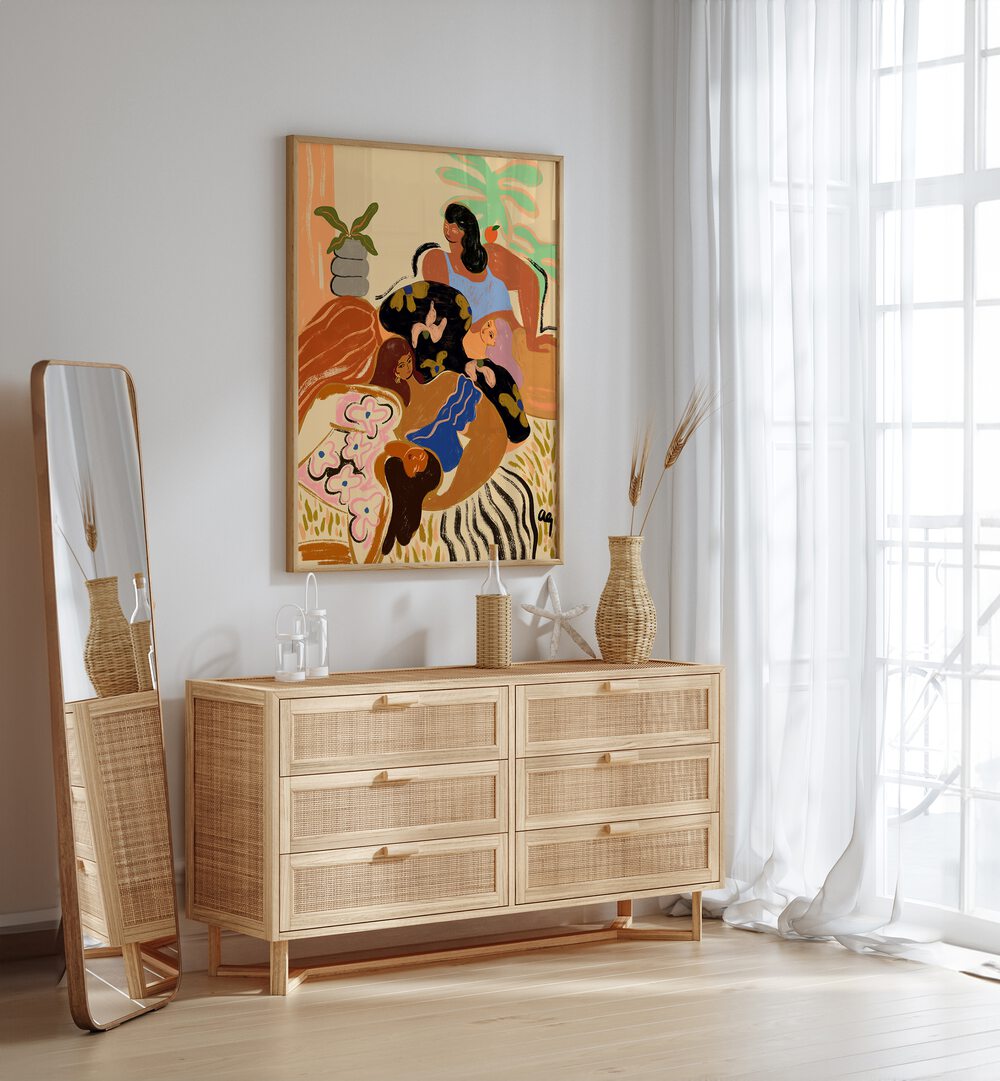 Cozy Wozy By Arty Guava Wall Art Prints in Oak Wood Plain Frame placed on a White Colored Wall above a Console Table in the Drawing Room