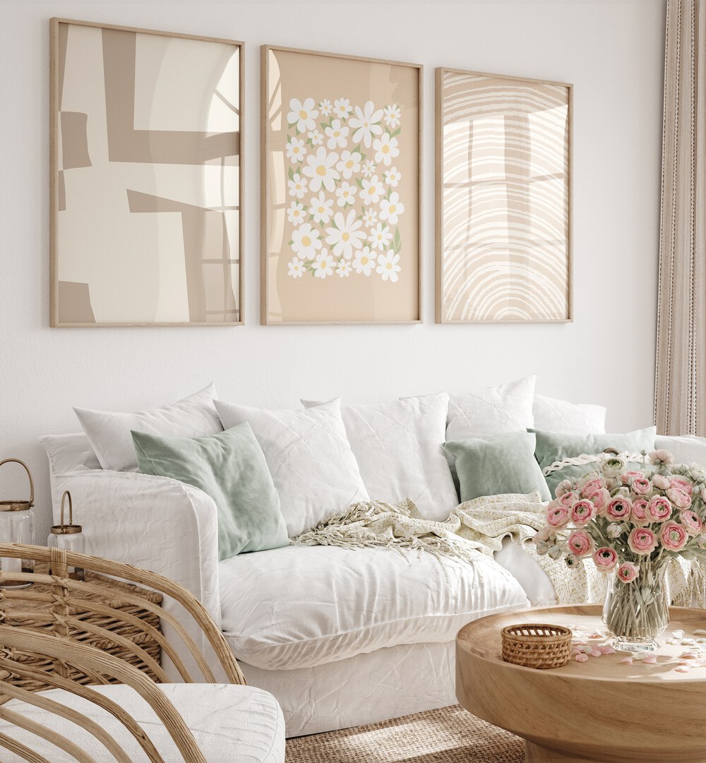 Stylish living room featuring the CREAM BEIGE SET, SET OF 3 PAINTINGS, adding warmth and elegance to any space.