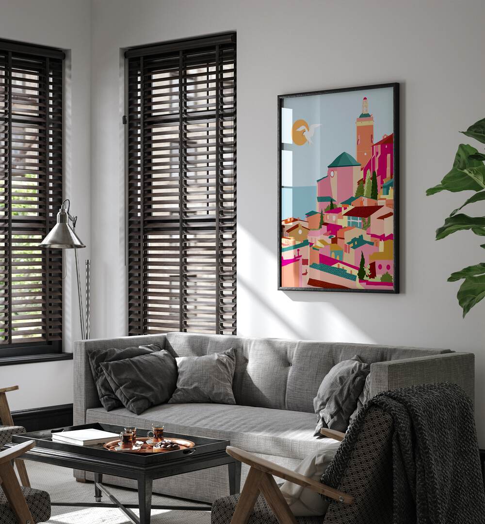 Elegant CRIMSON ROUGE, TRAVEL POSTERS by Uma Gokhale, showcasing vibrant art in a stylish living room setting.