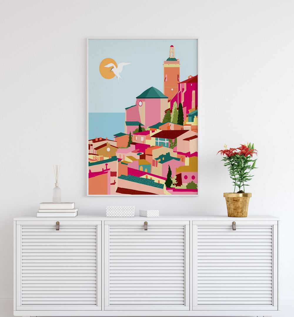 Vibrant CRIMSON ROUGE, TRAVEL POSTERS by Uma Gokhale, showcasing stunning coastal architecture and colorful landscapes.