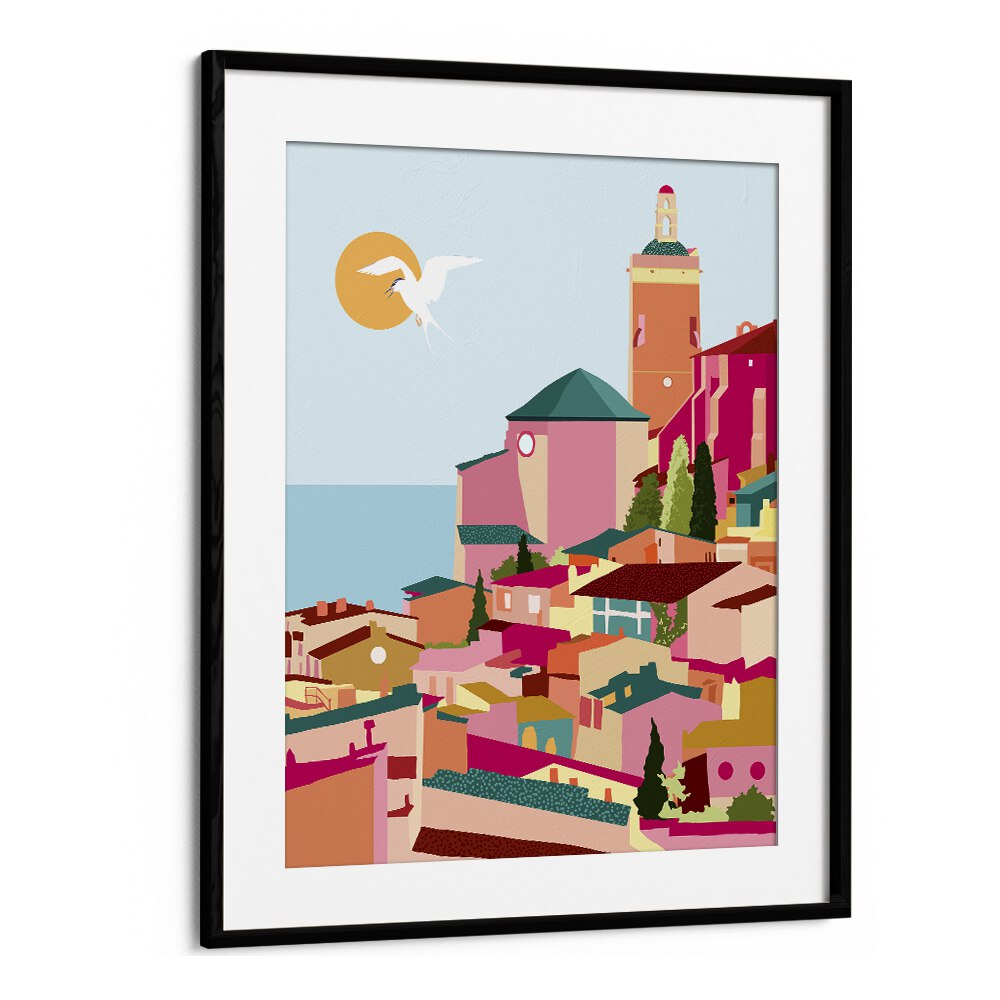 Stylish CRIMSON ROUGE, TRAVEL POSTERS by Uma Gokhale, showcasing vibrant coastal scenery in a sleek black frame.