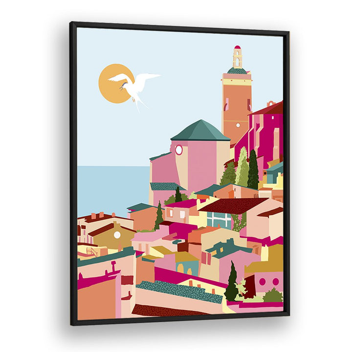 Vibrant CRIMSON ROUGE, TRAVEL POSTERS by Uma Gokhale, showcasing picturesque coastal village art in a sleek frame.