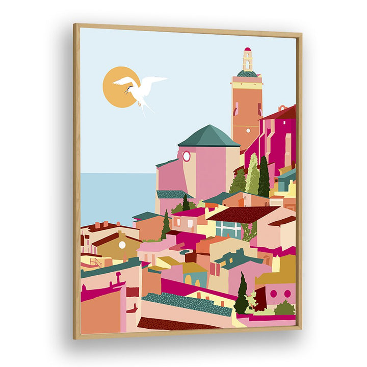 Stunning CRIMSON ROUGE, TRAVEL POSTERS by Uma Gokhale, featuring vibrant coastal village art in a sleek oak frame.