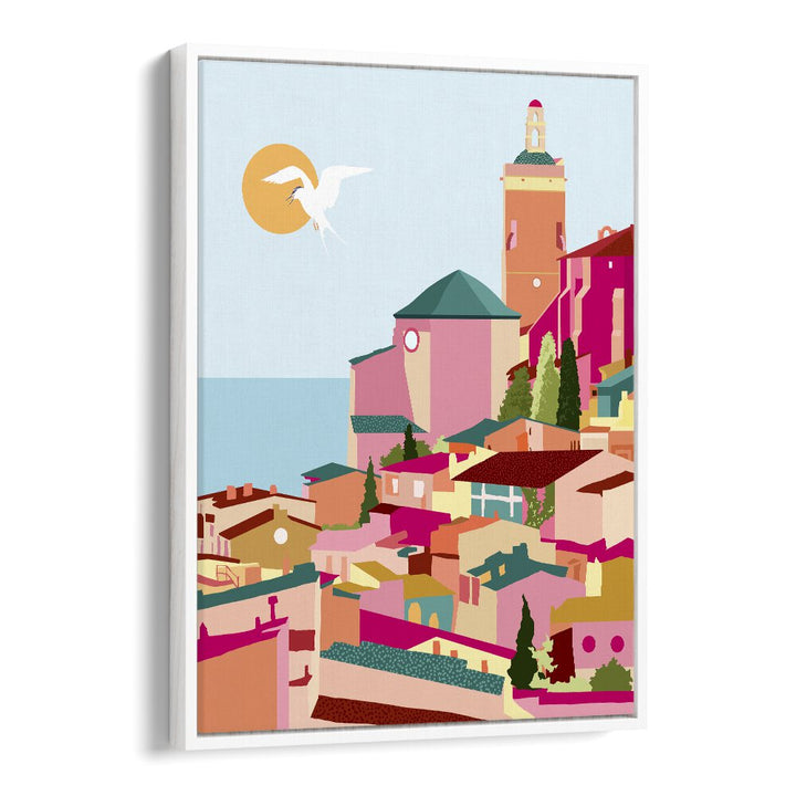 Vibrant CRIMSON ROUGE, TRAVEL POSTERS by Uma Gokhale, showcasing stunning coastal art in a white floater frame.