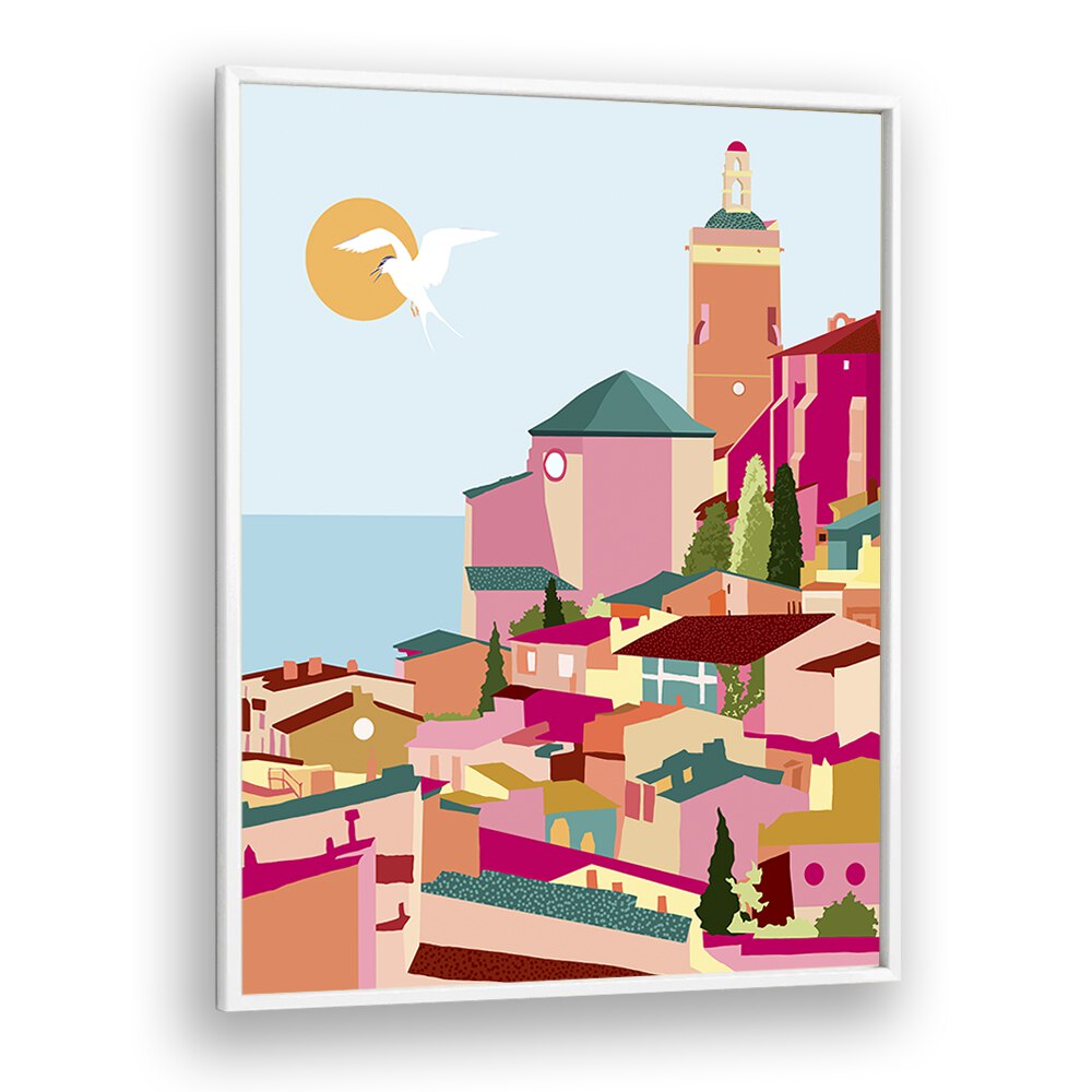 Stunning CRIMSON ROUGE, TRAVEL POSTERS by Uma Gokhale, showcasing vibrant coastal scenery in a sleek white frame.