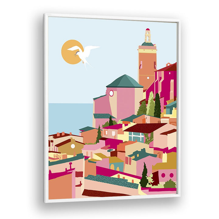 Stunning CRIMSON ROUGE, TRAVEL POSTERS by Uma Gokhale, showcasing vibrant coastal scenery in a sleek white frame.
