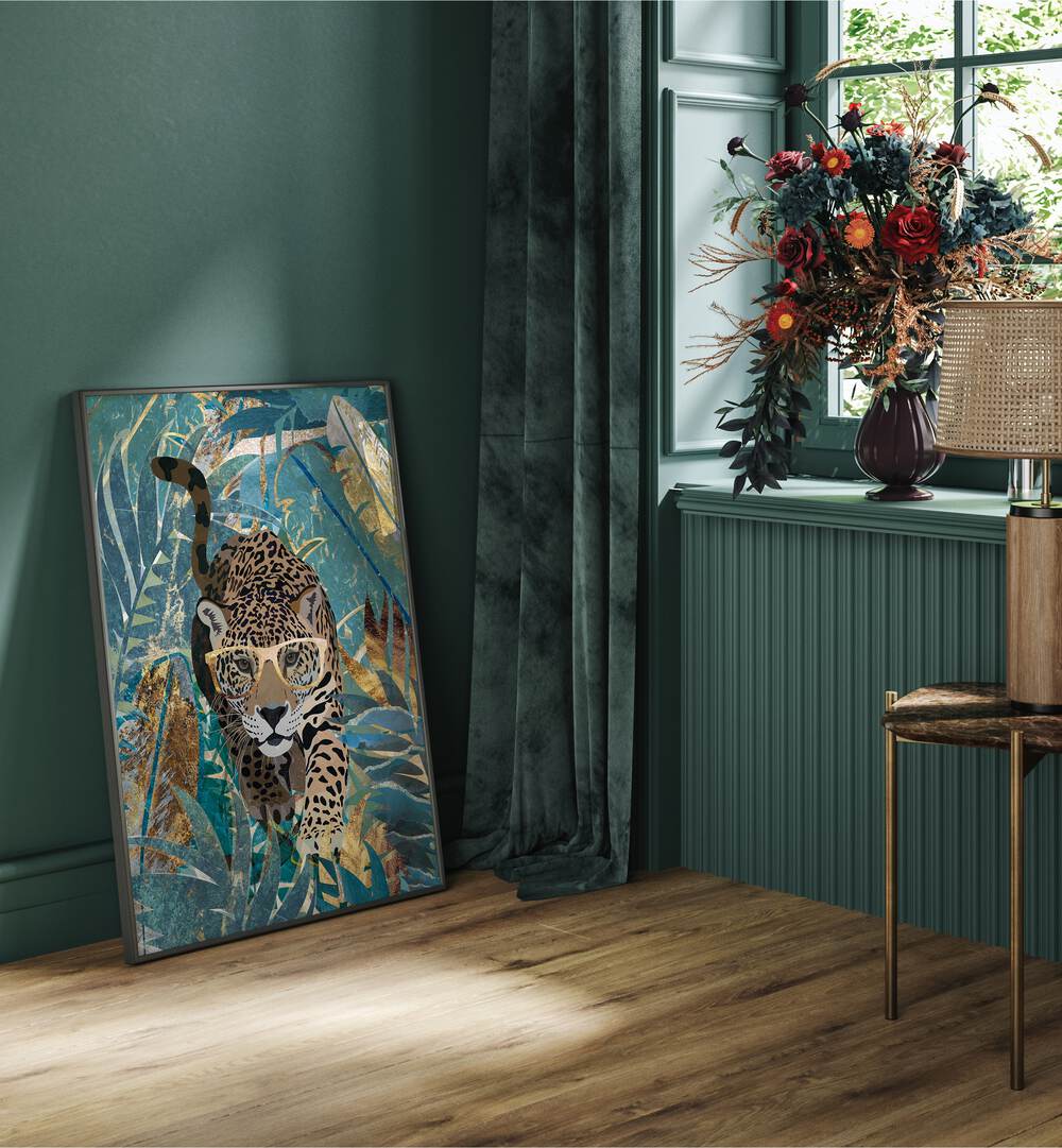 Curious jaguar in the rainforest, animal paintings by Sarah Manovski, enhances any space with vibrant wildlife art.