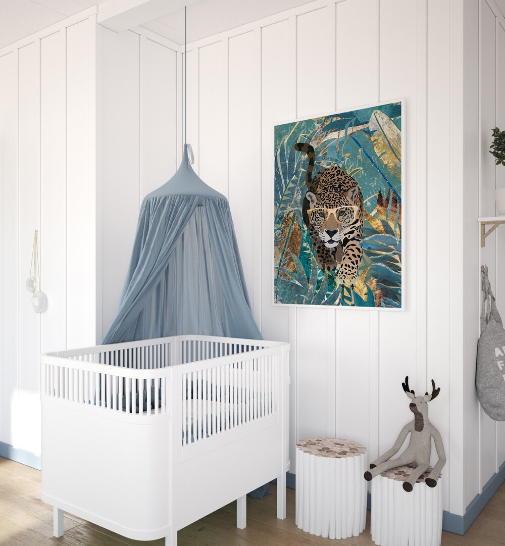 Curious jaguar in the rainforest, animal paintings by Sarah Manovski, adding vibrant beauty to any space.