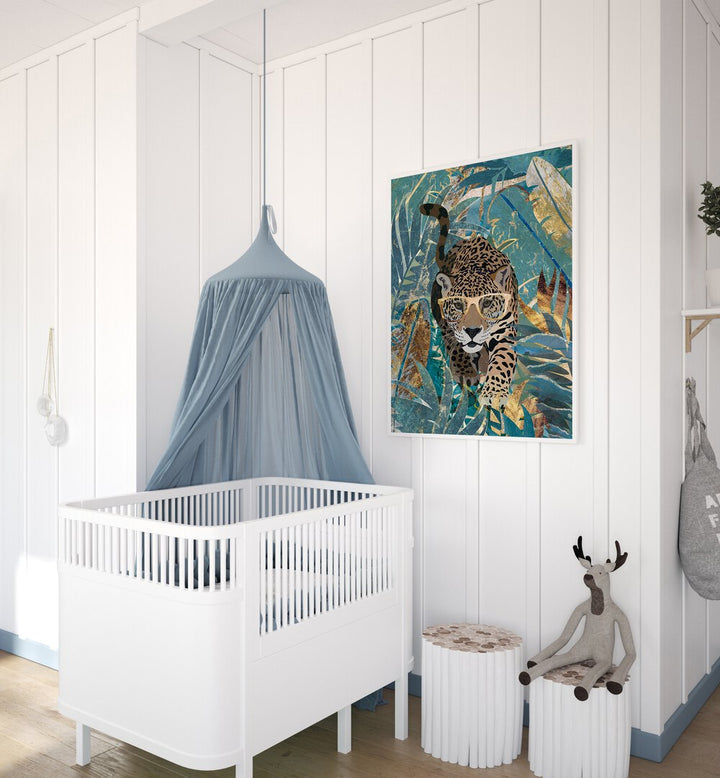 Curious jaguar in the rainforest, animal paintings by Sarah Manovski, adding vibrant beauty to any space.