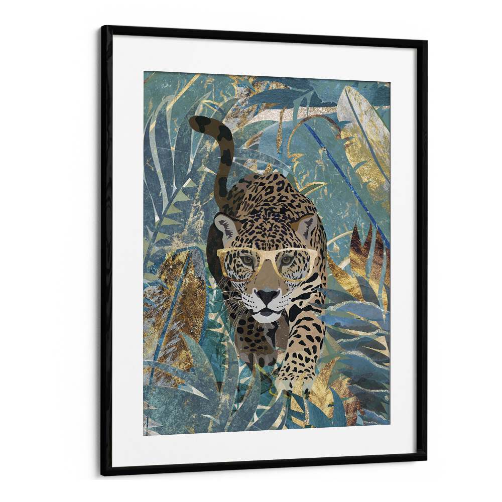 Curious jaguar in the rainforest, an animal painting by Sarah Manovski, beautifully framed with lush greenery.